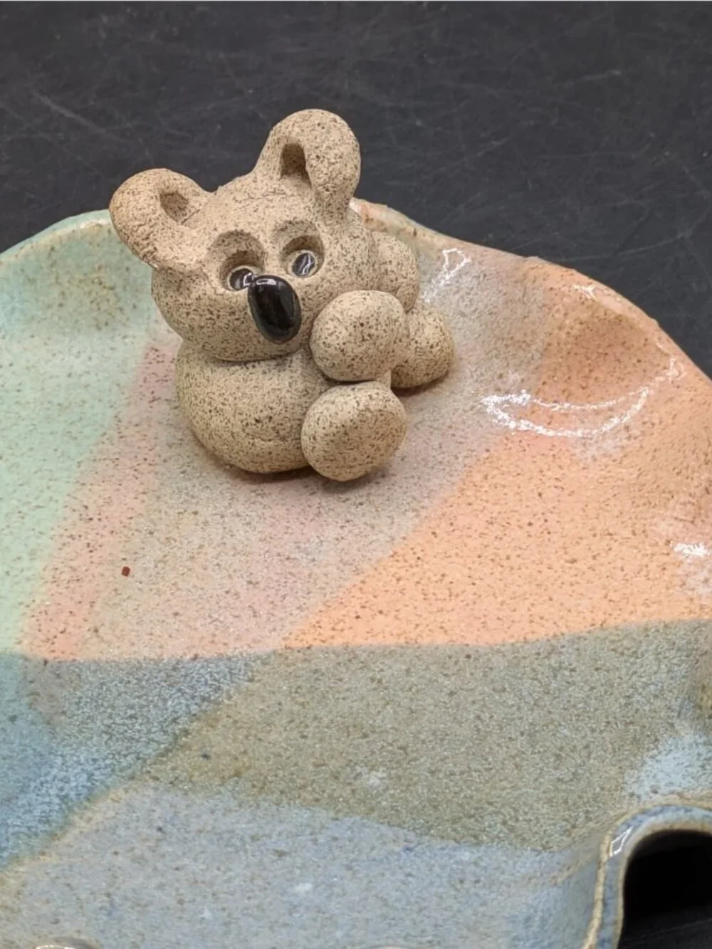 Hand Crafted Koala Bear Salt Glazed Pottery Trinket Dish Ruffled Edge 4.75